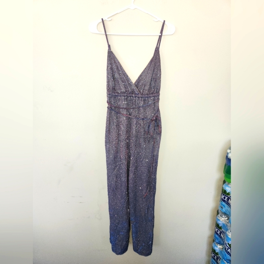 Nwt know.one.cares‎ blue red silver glitter belted jumpsuit with pockets size sm